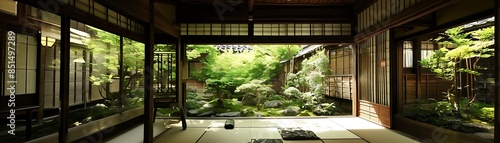 traditional ryokan interior featuring a large window and a wooden table adorned with a white flower