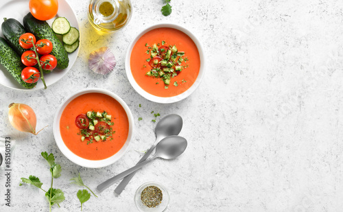 Summer tomato gazpacho soup in bowls