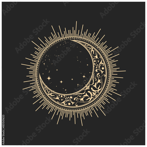 Mystical sun and half-moon filled with pattern, ornate crescent in tarot style, magic jewel, occult symbol, vector