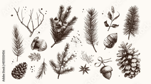 Sketch fir branches. Acorns and pine cones. Christmas