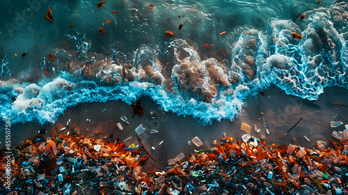 Blue ocean trash littered beach, seaside, beach ocean with waste plastic top view