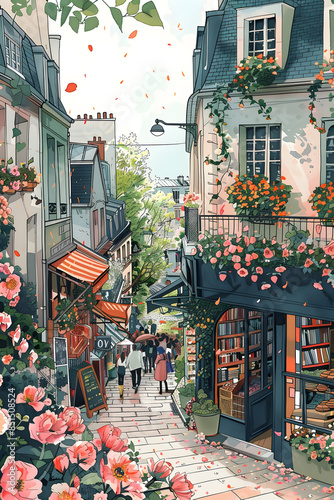 A picturesque city street with blooming flowers and charming buildings