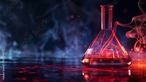 A new type virus antidote being cooked in chemicals in a glass flask in blazing hot temperature room , smoke evaporating