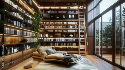 modern home library with floor-to-ceiling bookshelves, a comfortable chaise lounge, and an integrated ladder for easy access to high shelves