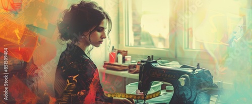 A woman in a red dress is sewing a garment in a room with a large window The background is a blur of color. AIGZ01