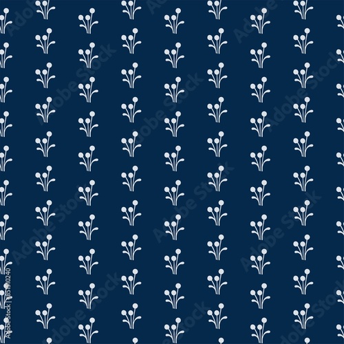 Seamless background pattern on the theme of an ancient botanical ornament in blue tones in the style of "Delft Blue". Flat folk motifs suitable for invitations, wedding decoration, cards, branding