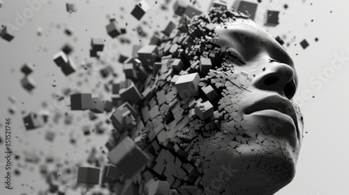 A human face fragmented into floating digital cubes, creating a voxel art effect