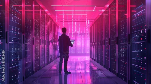 A lone professional analyzes equipment in a futuristic data center illuminated by striking neon pink lights