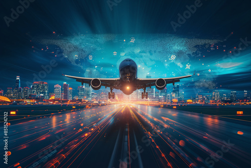 Embracing the future: dynamic commercial air transport concept with airplane soaring against city skyline, Airplane taking off from airport runway on city, ideal copy space for tech-driven innovations