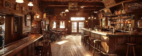 old western saloon with wooden bar, stools, and bar, featuring a large mirror, glass door, and wood floor