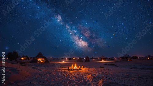 A mesmerizing view of the Milky Way galaxy above a campsite with glowing fires under a star-studded night sky.