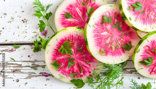 Slices of pink watermelon radish on a wooden table with parsley and dill