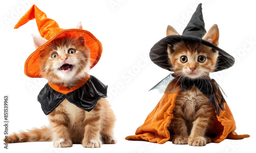 The happy kitten waring Halloween costume isolated on the white background