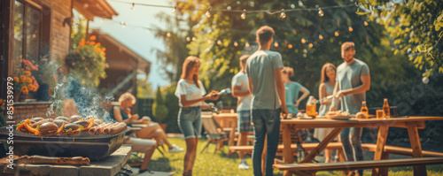 A group of friends hosting a lively barbecue party in a backyard, grilling burgers and hotdogs while enjoying good company