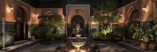 moroccan riad at night featuring a fountain surrounded by lush greenery, including potted plants and a brown pot, with a black fence in the background