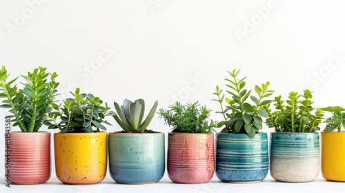 Classroom plants with colorful, artistic pots on white background