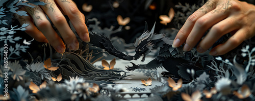 An artist crafting intricate paper-cut designs inspired by folklore and mythology, creating intricate scenes and characters.