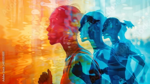 Abstract double exposure portrait of a woman with a cityscape reflection in her face