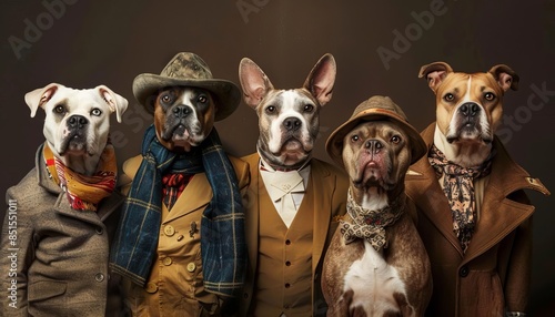 Dogs dressed in different human outfits,