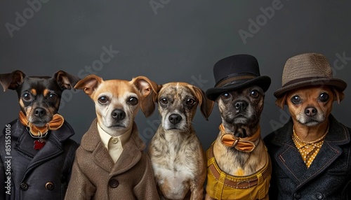 Dogs dressed in different human outfits,