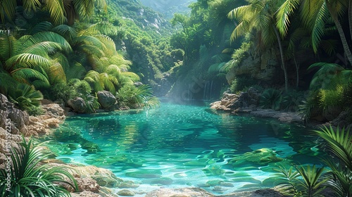 A tranquil oasis hidden deep within the jungle, its crystal-clear waters surrounded by lush greenery and towering palms. Abstract Backgrounds Illustration, Minimalism,