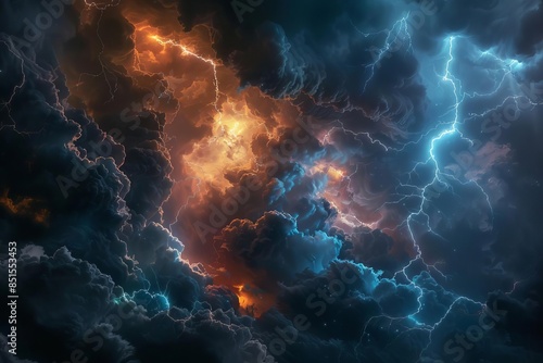 Illustrate a dramatic thunderstorm scene from a worms-eye view in photorealistic detail Capture the menacing clouds, striking lightning, and eerie atmosphere,