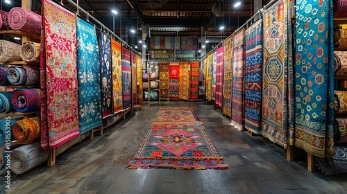 A panoramic image of a bustling market in Southeast Asia, featuring rows of vibrant batik fabrics hanging on display. Abstract Backgrounds Illustration, Minimalism,