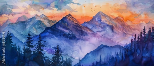 Paint a majestic mountain range at sunrise, capturing a captivating rear view perspective with vibrant watercolors,