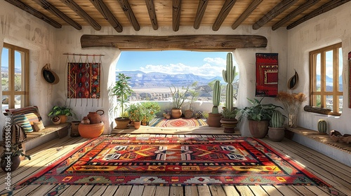 A panoramic view of a traditional Navajo hogan in the American Southwest, with a handwoven rug adorning the floor. Abstract Backgrounds Illustration, Minimalism,