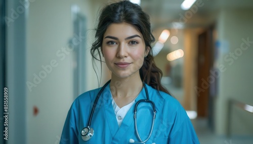dedicated female doctor working in hospital portrait in blue labcoat with stethoscope medical concept