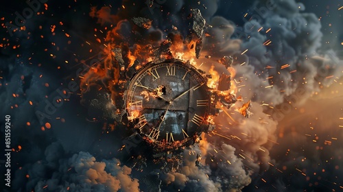 Shattered clock with fiery explosion,