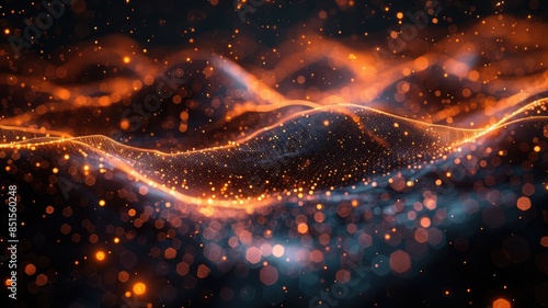 3D rendered landscape of orange waves with glowing edges on a dark background. Digital art of orange wave made from lines with black background. Futuristic and abstract concept. Network. AIG53F.