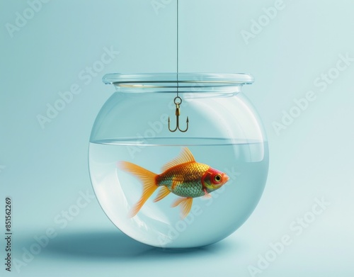 Goldfish in fish bowl with hook captivity and freedom in a tiny world of contrast and irony