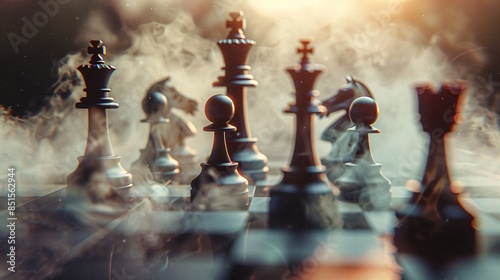 Close-up of a chess set enveloped in a soft, photorealistic mist that adds an otherworldly dimension to the game, emphasizing the intensity and concentration of the players.
