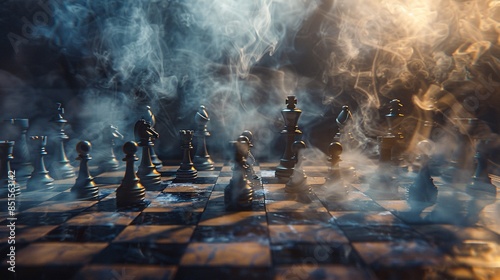 Chessboard with photorealistic smoke tendrils wrapping around each piece, creating a dynamic and visually captivating scene that emphasizes the intensity of the game.