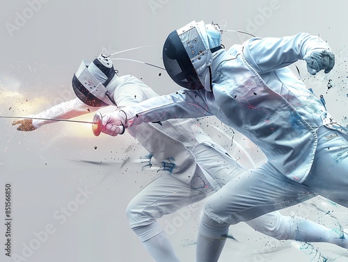 Modern pentathlon fencing, intense duel, competitors engaged, high detail, realistic photo, Full HD,