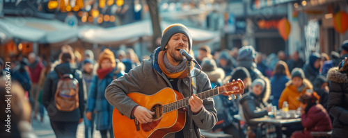 A street performer playing guitar and singing for a gathered crowd in a bustling city square.