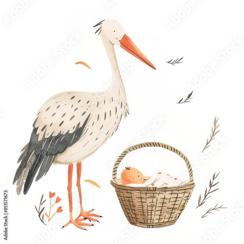 Baby boy inside basket stork waterfowl.