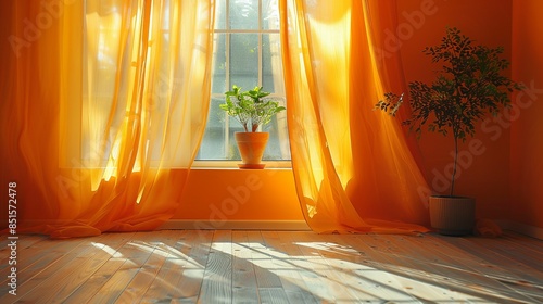 Sunlight filtering through sheer curtains in a room painted in burnt orange, casting warm, nostalgic shadows on the floor. Abstract Backgrounds Illustration, Minimalism,