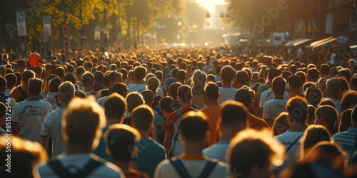 A large crowd of people walking through a city street during sunset, with vibrant lighting and urban background.