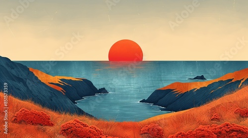 A faded postcard with a seaside scene in hues of chambray blue and burnt orange, transporting viewers back to carefree summer days. Abstract Backgrounds Illustration, Minimalism,