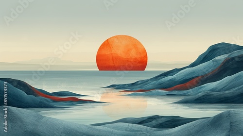 A faded postcard with a seaside scene in hues of chambray blue and burnt orange, transporting viewers back to carefree summer days. Abstract Backgrounds Illustration, Minimalism,