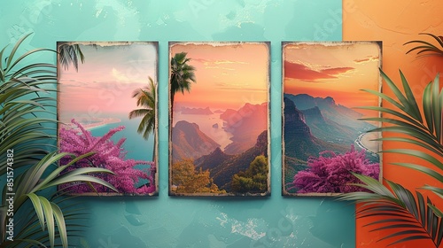 Vintage postcards with faded images of tourist destinations, tinged with hues of burnt orange and lilac, capturing the essence of travel nostalgia. Abstract Backgrounds Illustration, Minimalism,