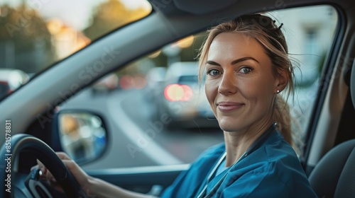 Smiling Nurse Driving a Car in Traffic