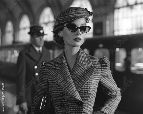 Dovima, 1952, post war New look Dior tweed suit, cats eye sunglasses, pillbox hat, gloves, purse pencil skirt, clinched waist