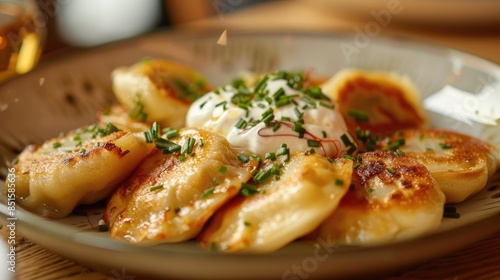 A plate of golden-brown pierogi dumplings topped with sour cream and chives, served on a wooden table.