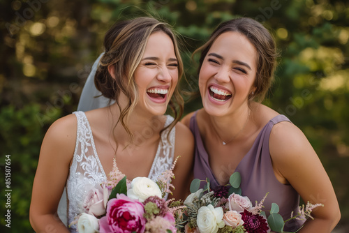 A bride and bridesmaid laughing together representing friendship and shared joy 