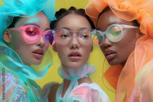 Three fashion models with vibrant makeup and accessories, posing in a studio. Ideal for fashion, beauty, and editorial themes. Generated AI