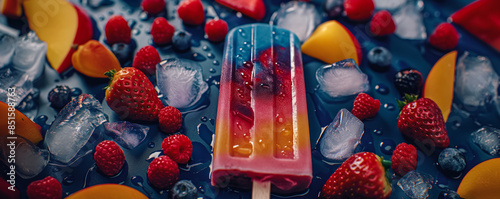 Icy popsicle with vibrant fruity layers and melting drops 