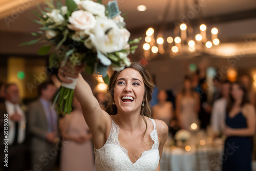 Bride tossing bouquet highlighting joyous tradition and single guests anticipation 